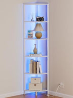 Furnulem 6 Tier Corner Shelf with LED Light, 67.5" White Narrow Bookshelf by Furnulem