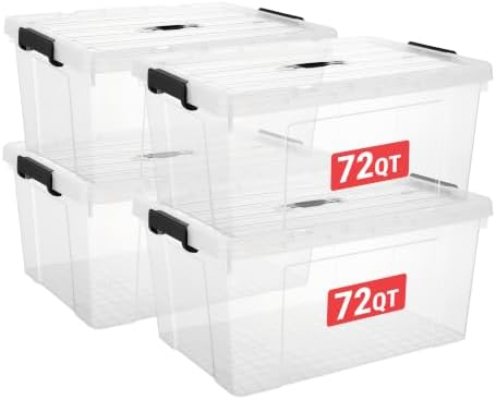 Cetomo Plastic Storage Bins with Handle, Storage Bin with Lids, Organizing Container, PP Box for Home Office, Clear, 72 Quart (Pack of 4) by Cetomo