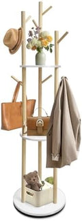 LIWSHWZ Solid Wood Rotary Coat Rack,Coat Rack Freestanding,360° Rotating with 9 Hooks & 3 Shelves for Entryway, Livingroom, Bedroom, Coat Hanger Stand for Coats, Scarves, Handbags, Hat by LIWSHWZ