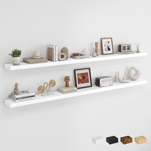 Dreamland 72Inch Floating Shelves for Wall, Rustic Wooden White Floating Shelves for Living Room, Kitchen, Farmhouse, Deep Wall Mounted Book Shelf, Wood Storage Display Shelf for Home Decor, Set of 2 by Dreamland