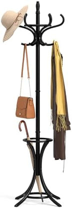 Tangkula Coat Rack with Umbrella Holder, 73 Inch Freestanding Coat Hanger Stand with 12 Hooks, Wooden Entryway Coat Tree for Clothes, Bags, Hats, Scarves, Living Room, Bedroom, Hallway (Black) by TANGKULA