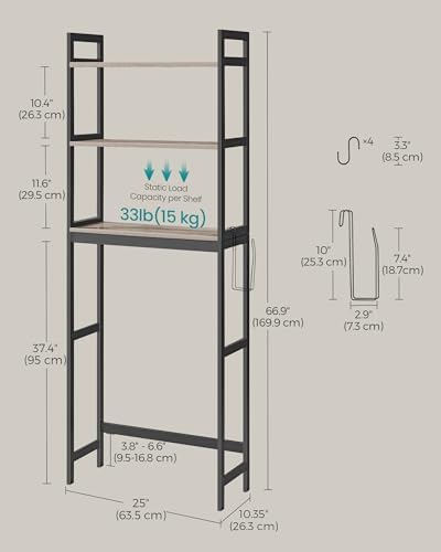 SONGMICS 3-Tier Bamboo Over The Toilet Storage, Adjustable Shelf, 66.9''H - Image 3