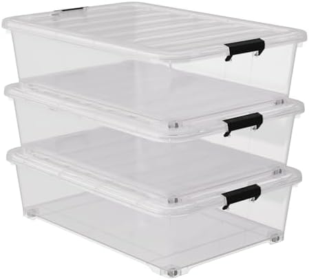 50 Quart Clear Plastic Underbed Storage Bin with Wheels, 3 Pack by Oymlclivisa