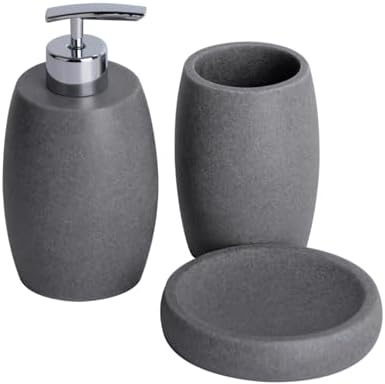 Clasin Home Grey Bathroom Accessories Set 3 PC, Resin Sandstone Look Soap Dispenser, Toothbrush Cup, Soap Dish, Bathroom Soap Dispenser Set for Home Decor and Kitchen by ClasinHome