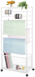 Ribbon Organizer Rack, Double-Sided 16 Tier Ribbon Storage Holder, Floral Wrapping Paper Spool Stand Racks for Craft Room, Scarf Tie Belt Towel Display Shelf Sewing Station Cart, White, 26.4in Wide by juckeyroot