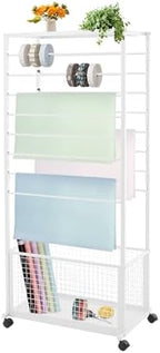 Ribbon Organizer Rack, Double-Sided 16 Tier Ribbon Storage Holder, Floral Wrapping Paper Spool Stand Racks for Craft Room, Scarf Tie Belt Towel Display Shelf Sewing Station Cart, White, 26.4in Wide by juckeyroot