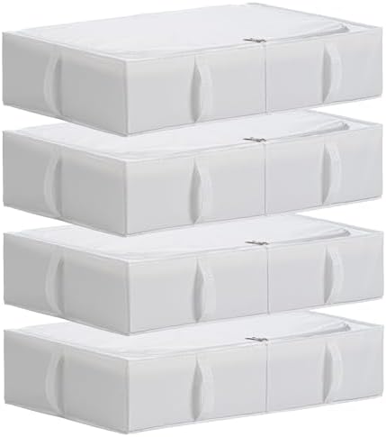 TYEERS Under Bed Storage Containers, Durable Fabric, Washable, Collapsible, Under Bed Storage Bins for Clothes, Blankets, Sheets, Shoes, 27.5x16.5x7 Inches, 4-Pack, White by StorageOrganization