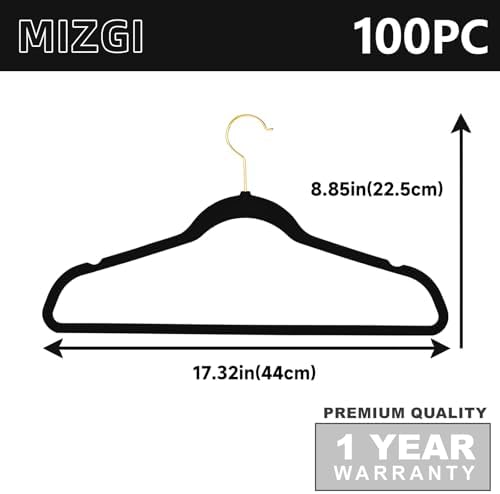 MIZGI Premium Velvet Hangers Pack 100 Pcs Heavyduty - Non Slip Slimline - Velvet Suit Hangers Black - Gold Hooks,Space Saving Clothes Hangers - Image 2
