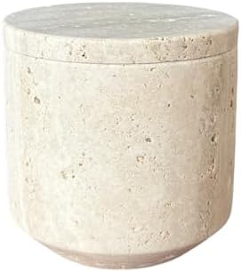 Natural Marble Hole Stone Cosmetic Cotton Swab Sundry Small Tank Storage Box Jar with Lid (Yellow Travertine) by StonePlus
