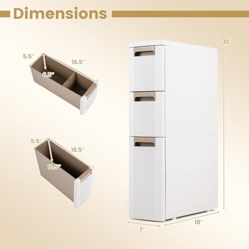 Giantex 3-Tier Narrow Storage Cabinet, Slim Rolling Cart with 3 Drawers & 2 Removable Dividers, Plastic Storage Organizer with Wheels for Small Spaces Bathroom Kitchen - Image 3