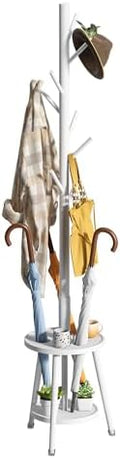 Freestanding Coat Rack with Umbrella Organizer Tray Bamboo Coat Tree Rack with 8 Hook Stand for Clothes Bag Hats Entryway Hanger Stand (Umbrella Tray, White) by FILWH