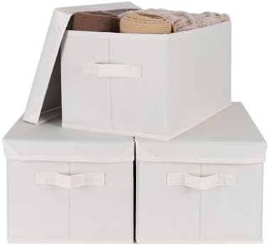WUIKE Fabric Storage Bins with Lids, Decorative Boxes, Beige, Large, 3-Pack by WUIKE