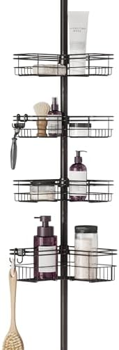 Zenna Home Tension Pole Shower Caddy Corner Organizer, Adjustable Standing Shower Caddy with 4 L-shaped Baskets and Hooks, Rust Resistant Bathroom Tension Rod Organizer, 60 to 97 Inch, Bronze by ZennaHome