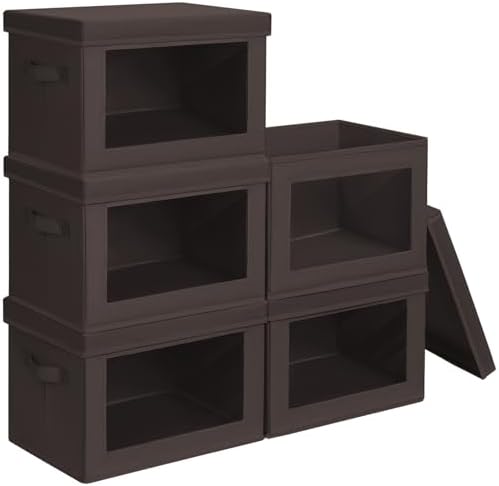 Homsorout Stackable Storage Bins with Lids - Medium Storage Box with Lids, Foldable Closet Boxes for Organizing, Wardrobe Clothes Organizer with Window, Cubes Bins for Living Room, 5 Pack, Brown by Homsorout