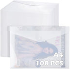 MotiMind 100 Pcs Clear Envelopes with Snap Button Closure Bulk A4 Letter Size Clear Plastic Envelope Folder Document Organizer File Folders for Office Home (Milky) by MotiMind
