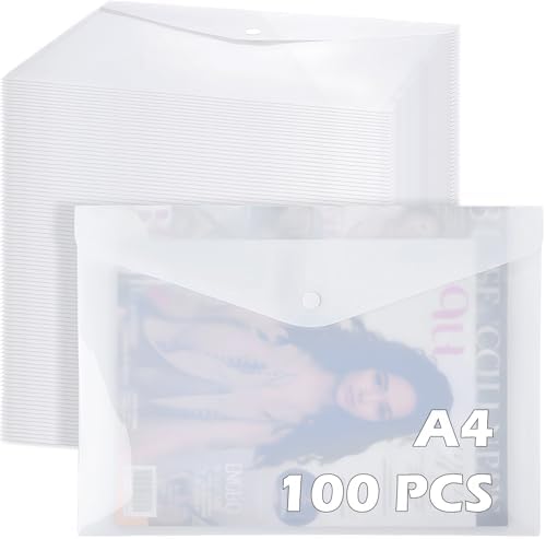 MotiMind 100 Pcs Clear Envelopes with Snap Button Closure Bulk A4 Letter Size Clear Plastic Envelope Folder Document Organizer File Folders for Office Home (Milky) by MotiMind