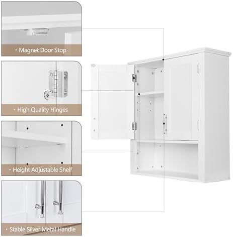 SUPER DEAL Bathroom Wall Cabinet Over The Toilet, Wall Mount Storage Medicine Laundry Cabinet with Two Doors and Three Adjustable Shelves, White - Image 7