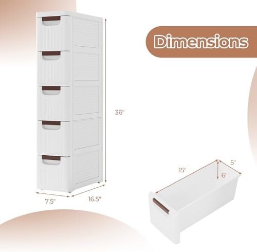 Giantex 5 Drawers Storage Cart, Narrow Plastic Dresser, Rolling Organizer Cart for Office Classroom Bedroom Bathroom Art Craft Supplies, Mobile Slim Utility Cart on Wheels (7.5"x16.5"x36") - Image 3