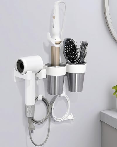 Hot Tools Organizer, Hair Tool Organizer Wall Mount Aluminum Alloy, Space-Saving Curling Iron Holder for Vanity & Bathroom with Stainless Steel Cups White CHOCHOYAH by Chochoyah
