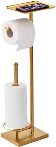 Toilet Paper Holder with Tray At the Top, Heavy-Weighted Base No Wobbly, Freestanding Toilet Paper Rolls Stand, Hold Extra 3 Paper Rolls On the Base (Gold) by Sfemn