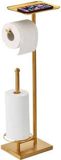 Toilet Paper Holder with Tray At the Top, Heavy-Weighted Base No Wobbly, Freestanding Toilet Paper Rolls Stand, Hold Extra 3 Paper Rolls On the Base (Gold) by Sfemn
