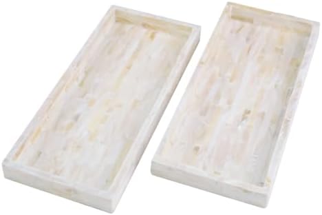 PEMAR Set of 2 Mother of Pearl Bathroom Tray for Counter, 11" Wooden Vanity Tray for Perfume Makeup Kitchen Sink Countertop Organizer, Toilet Tank Tray, Valet Tray (White Tiles) by PEMAR
