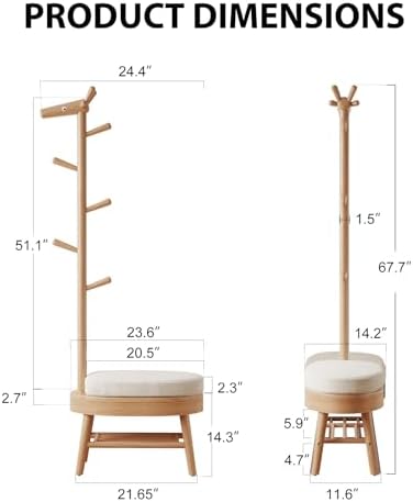 AQIMUELE Shoe Bench with Coat Rack, Shoe Rack with 9 Hooks, Natural - Image 2