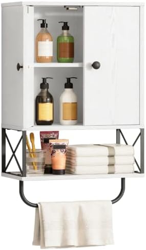 MAHANCRIS Bathroom Wall Cabinet with 2 Door and Adjustable Shelf, Farmhouse Medicine Cabinet with Towel Rack, 3-Tier Wall Mounted Storage Cabinet Over The Toilet for Bathroom Laundry Room, White by MAHANCRIS