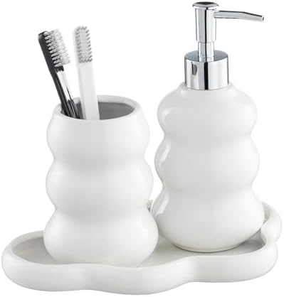 3-Piece White Ceramic Bathroom Accessories Set with Tray, Lotion Dispenser, and Tumbler for a Luxurious Bath Experience by LiveHouse