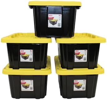 Edge Plastics Tough Tote, Heavy Duty Storage totes, for home and Garage Storage, stackable, with convenient and secure snap lids (Black and Yellow, 5 Gallon, 6-Pack) - Image 2