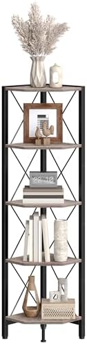 CHOEZON 5-Tier Corner Shelf, Corner Bookcase, 55.2" Tall Vertical Display Rack, Plant Stand, Open Storage Shelf, for Living Room, Bedroom, Study, Kitchen, Greige and Black TCJ12BG - Image 7