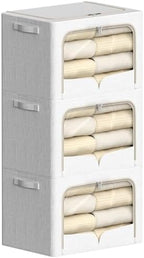 FHSQX 3 Pack Clothes Storage Bins - Foldable Metal Frame Storage Box - Stackable Linen Fabric Container Organizer Set with Carrying Handles and Clear Window (Cream White, 19.7x15.7x13inch(66L)) by FHSQX