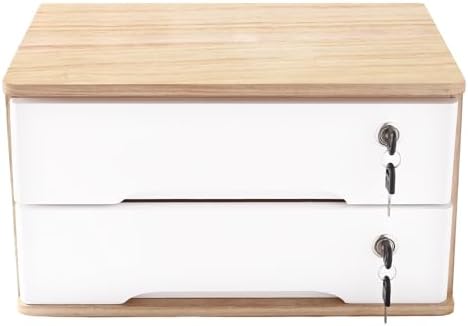 Lockable Desk Organizer Wooden Desktop Drawers Office Flat Files Storage Box Locking Countertop Storage Cabinet (Wood Color + White, 2-Tier) - Image 6