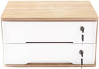 Lockable Desk Organizer Wooden Desktop Drawers Office Flat Files Storage Box Locking Countertop Storage Cabinet (Wood Color + White, 2-Tier) - Image 6