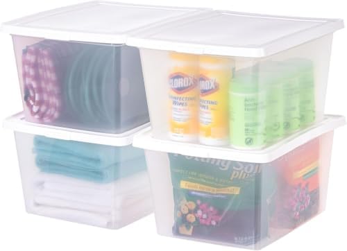 IRIS USA 4-Pack 36 Qt Storage Bins with Lids, Stackable Box, Clear/White by IRISUSA