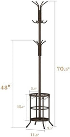 Coat Rack Freestanding With Umbrella Holder – Metal Hall Tree with 12 Hooks, Entryway Organizer for Hats, Bags, and Clothes (Brown) - Image 2