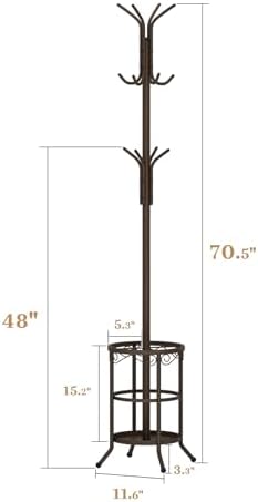 Coat Rack Freestanding With Umbrella Holder – Metal Hall Tree with 12 Hooks, Entryway Organizer for Hats, Bags, and Clothes (Brown) - Image 2