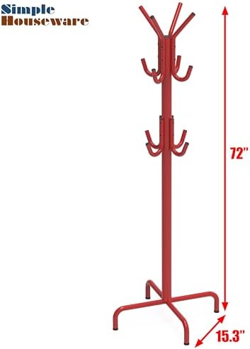 Simple Houseware Standing Coat/Hat Hanger Organizer Rack, 12 Hooks, Red - Image 6