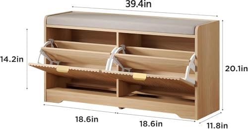Maupvit 39.4" Fluted Shoe Bench with Storage, Narrow Entryway Bench,Natural - Image 2