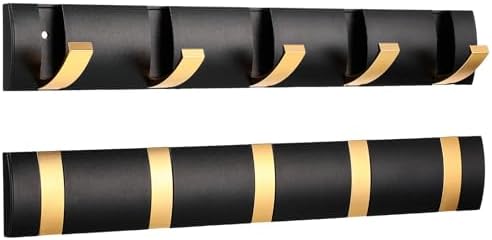 Wesiti 2 Pack Wall Mounted Coat Rack, 5 Foldable Hooks, Black Gold by Unteilti