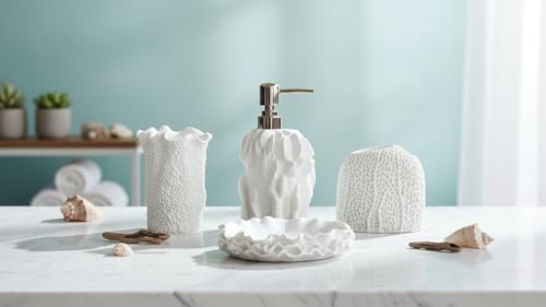 Hymmah Bathroom Accessories Set,Coral Seashell Design Toothbrush Holder,Farmhouse Bathroom Decor,4 Pcs Resin Gift Set Apartment Necessities, Contain Toothbrush Cup,Soap Dispenser,Soap Dish,Tumbler - Image 3