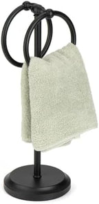 J&V TEXTILES Steel Towel Rack Holder Stand with 2 Hanging Rings for Bathroom Vanity Countertops - Space Saving Hand Towel Holder (Matte Black) by JVTextiles
