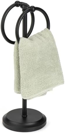 J&V TEXTILES Steel Towel Rack Holder Stand with 2 Hanging Rings for Bathroom Vanity Countertops - Space Saving Hand Towel Holder (Matte Black) by JVTextiles
