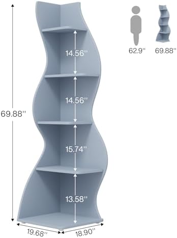 Tribesigns Corner Shelf, Modern 5-Tier Wall Corner Bookshelf, Stylish Corner Small Bookcase Storage Rack Plant Stand with Unique Shape for Living Room, Home Office (Blue, 2PCS) - Image 3