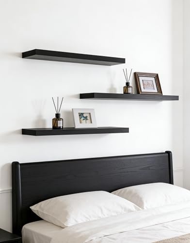 24 Inch Rustic Wood Floating Shelves Farmhouse Wooden Wall Shelves for Bathroom Bedroom Living Room Kitchen Office Set of 4 Black - Image 5