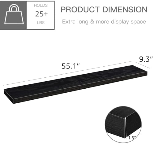 QEEIG Extra Long Floating Shelves for Wall (Black, Set of 2, 55.1") - Image 3