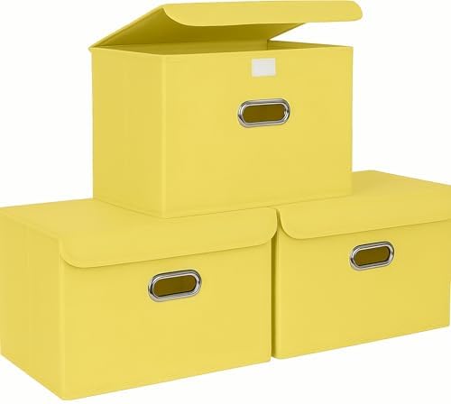 STOREONE Fabric Storage Cube Bins Foldable Organizer Container Collapsible Basket with Lids and Metal Handles, for Home, Bedroom, Closet 3 Pcs (multicolour-yellow) by STOREONE