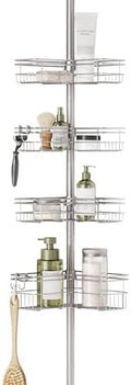 Zenna Home Tension Pole Shower Caddy Corner Organizer, Adjustable Standing Shower Caddy with 4 L-shaped Baskets and Hooks, Rust Resistant Bathroom Tension Rod Organizer, 60 to 97 Inch, Satin Nickel by ZennaHome