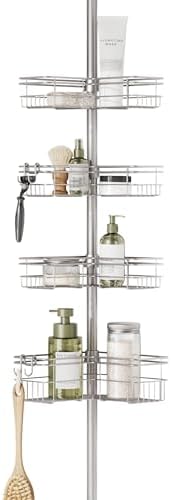 Zenna Home Tension Pole Shower Caddy Corner Organizer, Adjustable Standing Shower Caddy with 4 L-shaped Baskets and Hooks, Rust Resistant Bathroom Tension Rod Organizer, 60 to 97 Inch, Satin Nickel by ZennaHome