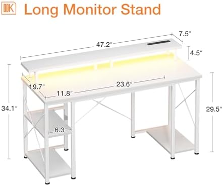 ODK 48 Inch Gaming Desk with LED Lights & Storage Shelves, White - Image 3